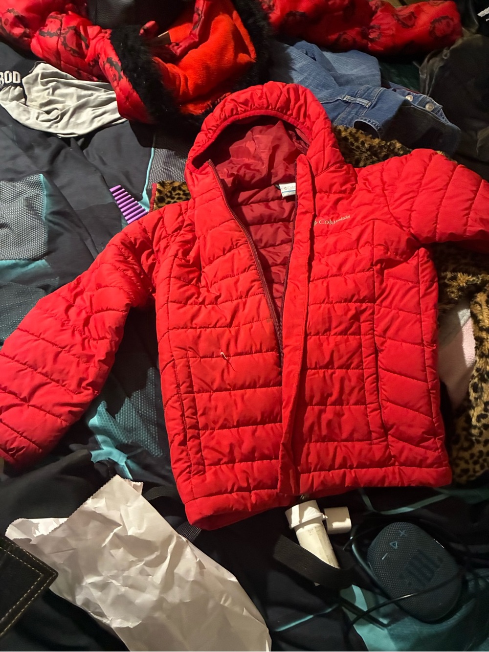 Columbia Little Kids Red Quilted Puffer Jacket with Hood
